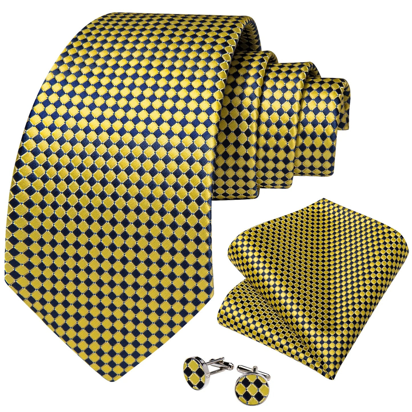 Yellow Plaid In Navy Blue Silk Tie Set