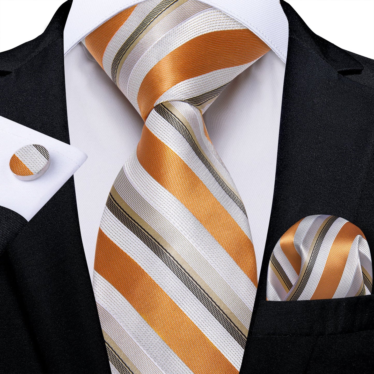 Orange White and Green Stripes Silk Tie Set