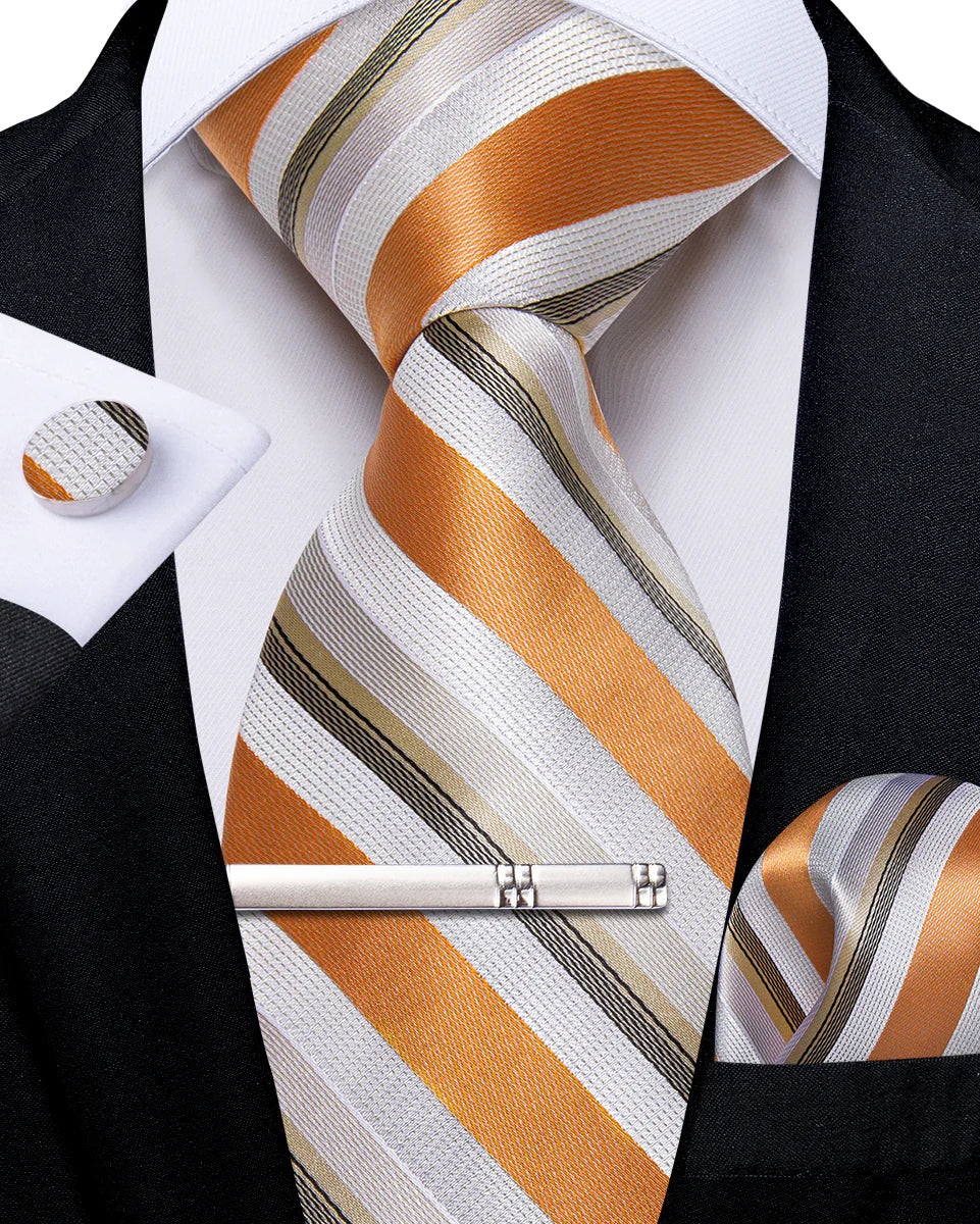 Orange White and Green Stripes Silk Tie Set