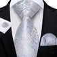 Sky Blue Leaves In Silver Paisley Silk Tie Set