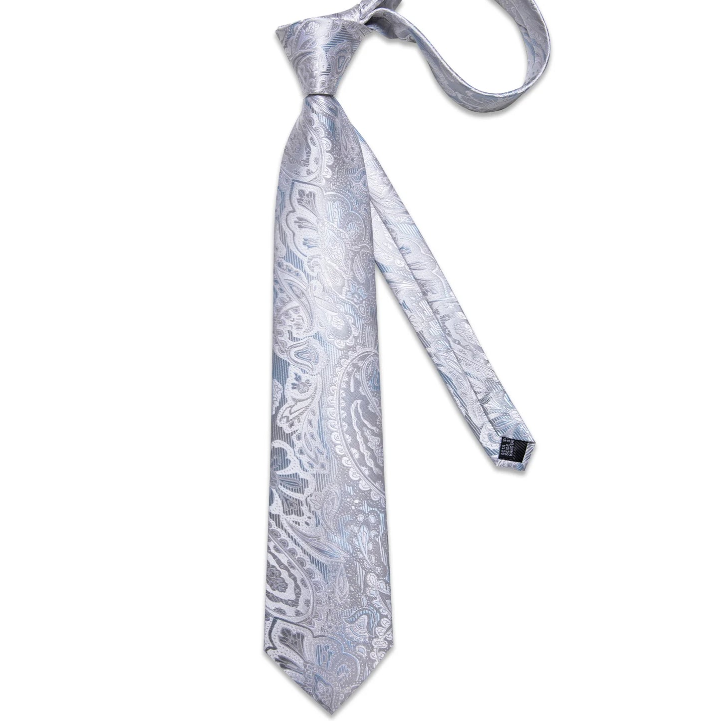 Sky Blue Leaves In Silver Paisley Silk Tie Set