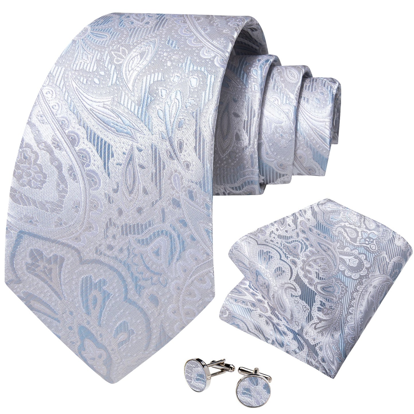 Sky Blue Leaves In Silver Paisley Silk Tie Set