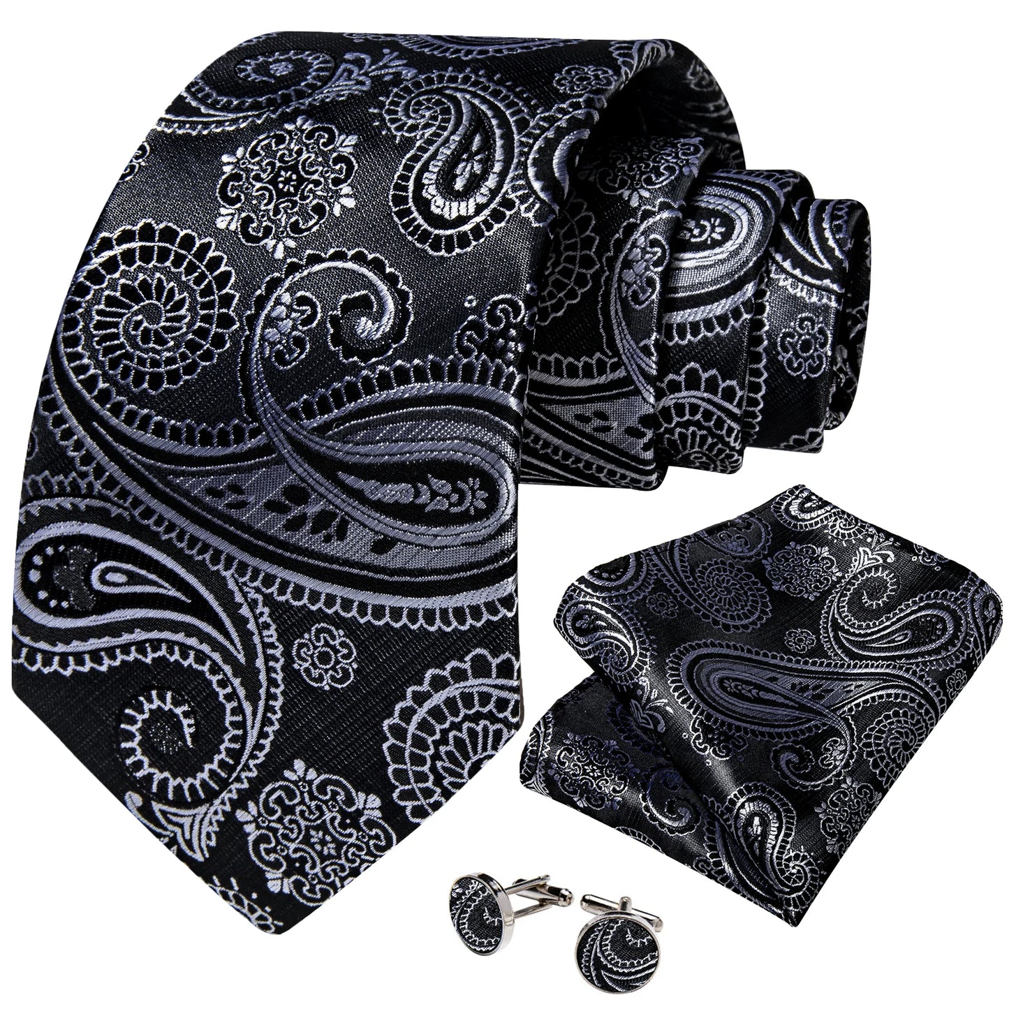 Black and White Leaves Paisley Silk Tie Set