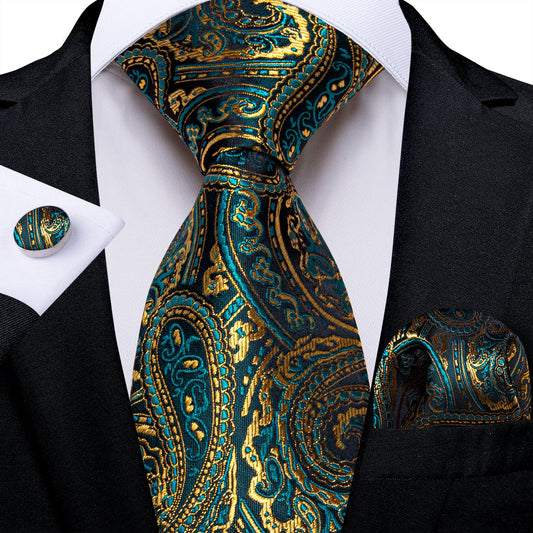 Green and Yellow Leaves paisley Silk Tie Set