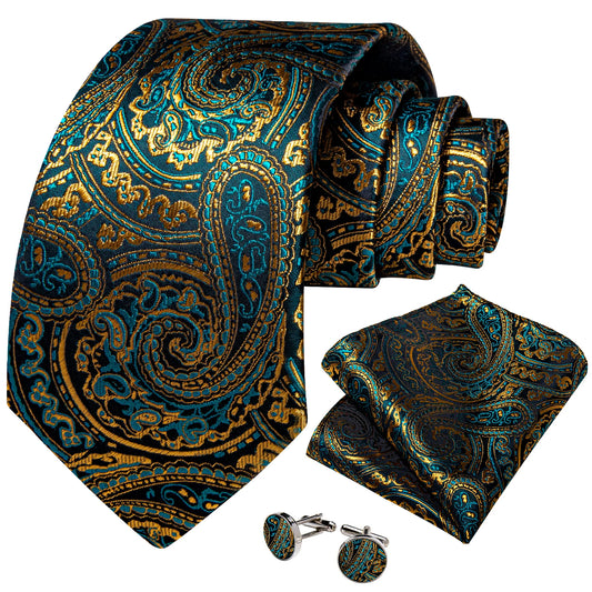 Green and Yellow Leaves paisley Silk Tie Set