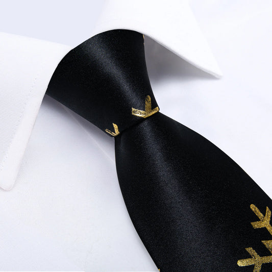 Gold Snowflakes In Black Silk Tie Set