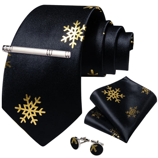 Gold Snowflakes In Black Silk Tie Set