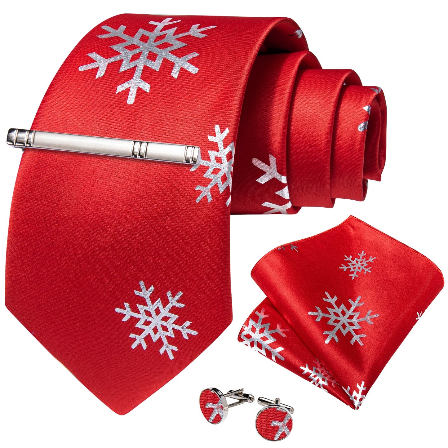 Snowflakes In Red Silk Tie Set