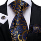 Gold and Blue Floral In Black Silk Tie Set