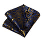 Gold and Blue Floral In Black Silk Tie Set