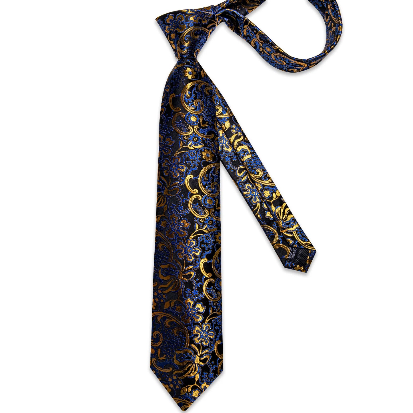 Gold and Blue Floral In Black Silk Tie Set