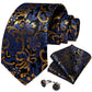 Gold and Blue Floral In Black Silk Tie Set