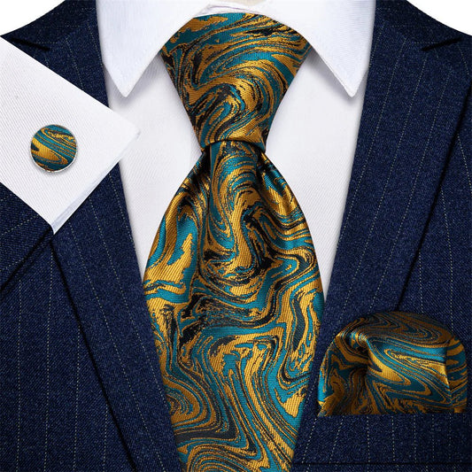 Premium Teal Blue with Black and Gold Lines Silk Tie Set - Masculine Clothes