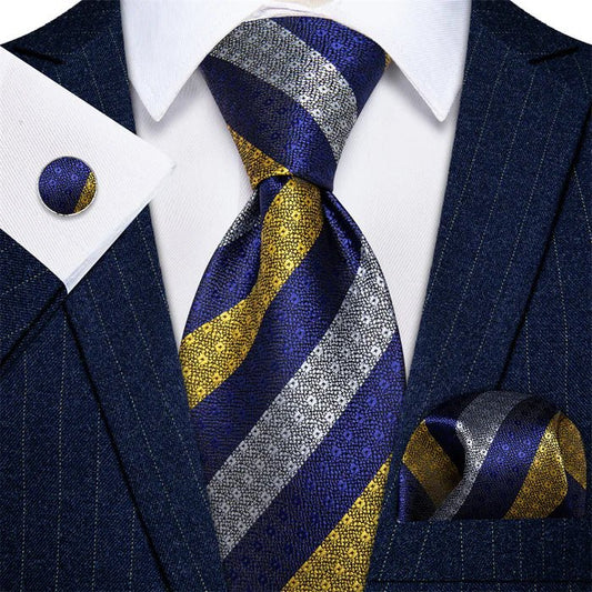 Premium Yellow, Blue and White Striped Silk Tie Set - Masculine Clothes