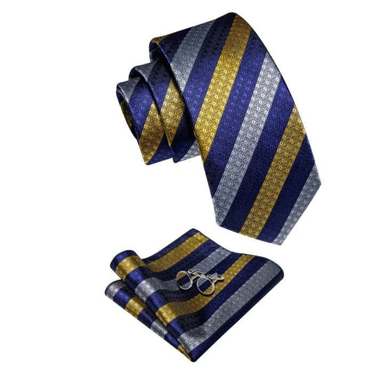 Premium Yellow, Blue and White Striped Silk Tie Set - Masculine Clothes