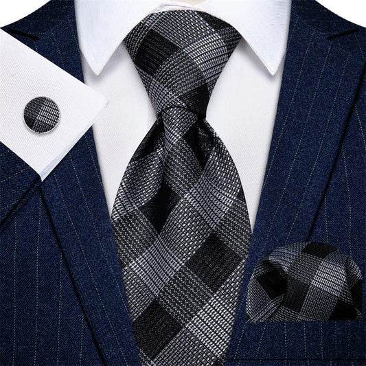 Premium Black and Gray Silk Tie Set - Masculine Clothes