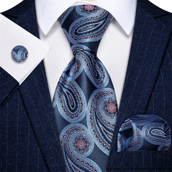 Premium Blue with Tiny Pink Flowers Silk Tie Set - Masculine Clothes