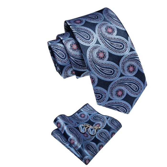 Premium Blue with Tiny Pink Flowers Silk Tie Set - Masculine Clothes