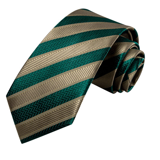 Luxury Green and Mocha Cream Striped Silk Tie Set