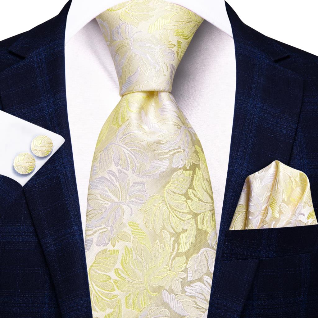 Beautiful Yellow and Milky Floral Silk Tie Set