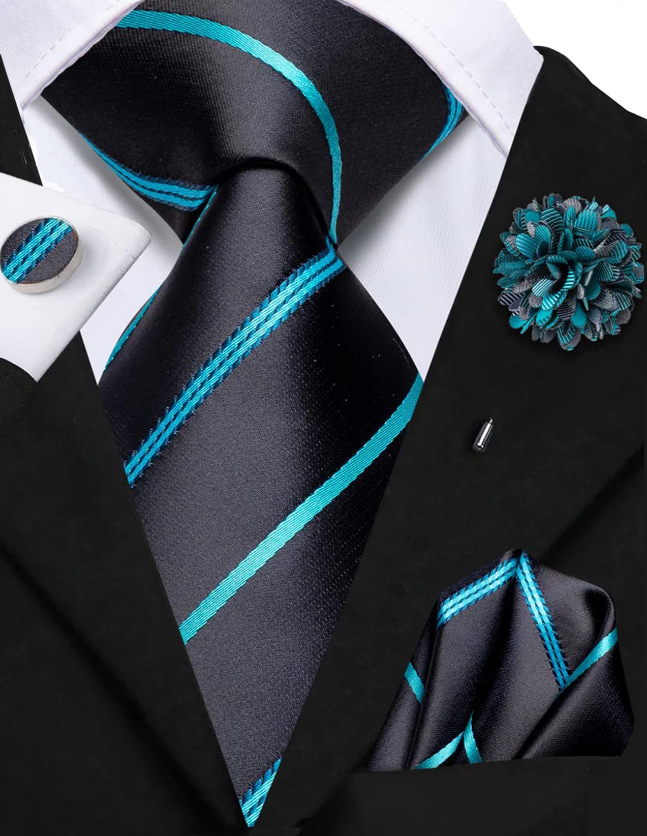 Luxury Blue Lines Silk Tie Set