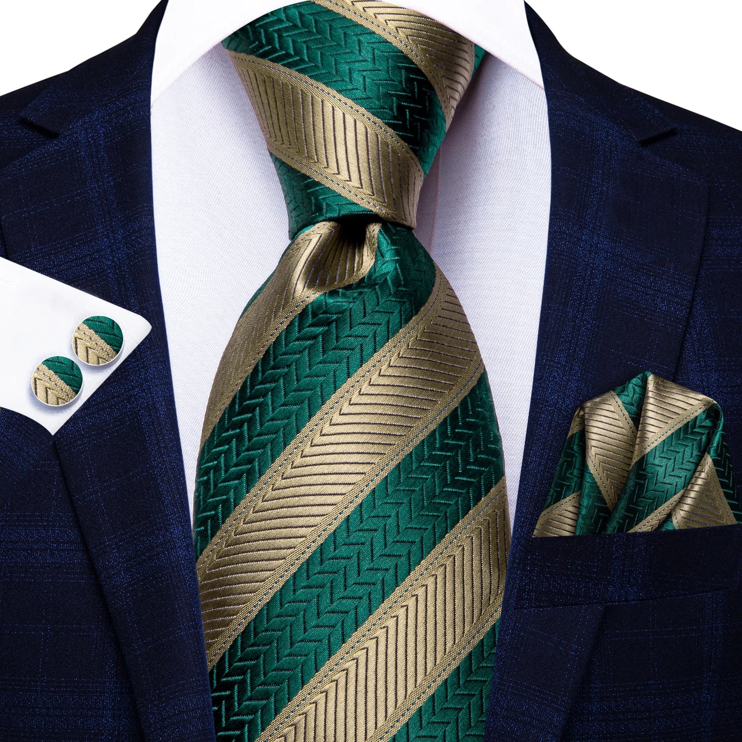 Luxury Green and Mocha Cream Striped Silk Tie Set