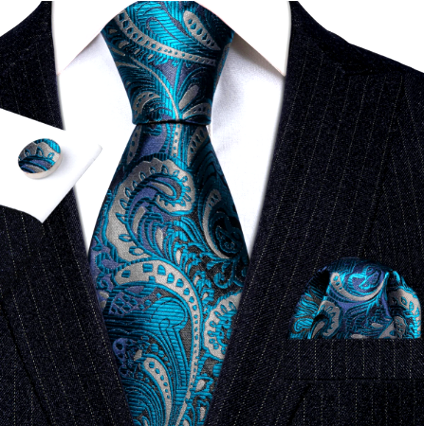 Luxury Teal Paisley Silk Tie Set