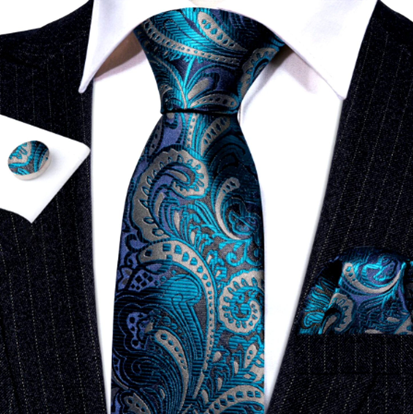 Luxury Teal Paisley Silk Tie Set