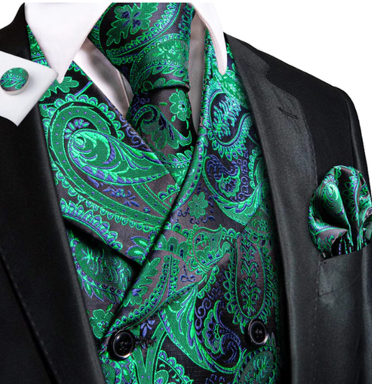 Green and Blue Paisley Jacquard Vest Set