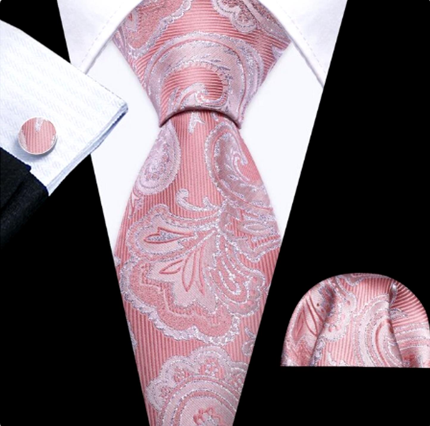 Premium Silver Flowers In Pink Silk Tie Set