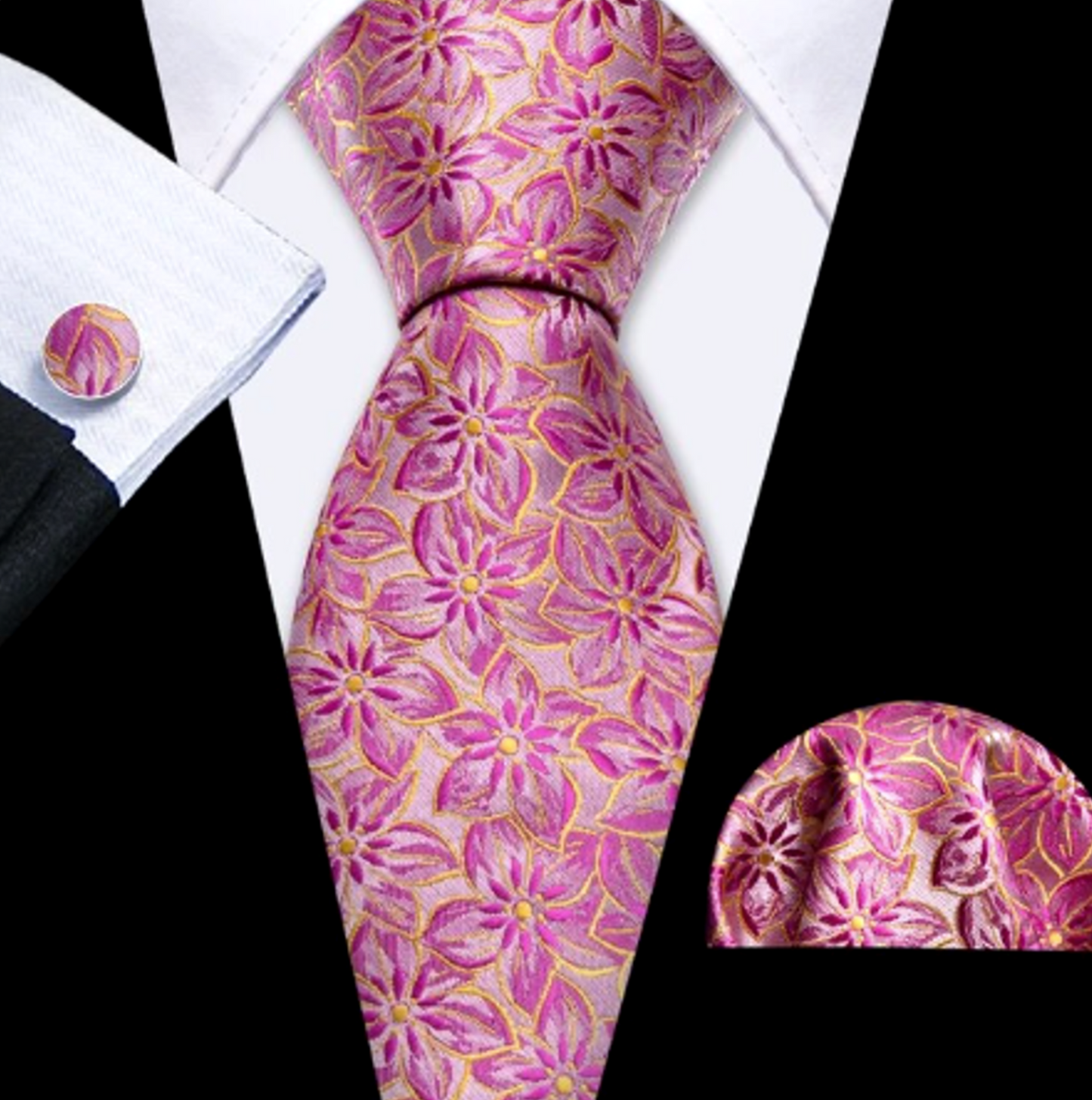 Premium Pink Big Flowers Tie Pocket Square and Cufflinks