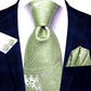 Luxury Apple Green Leaves In Silver Silk Tie Set