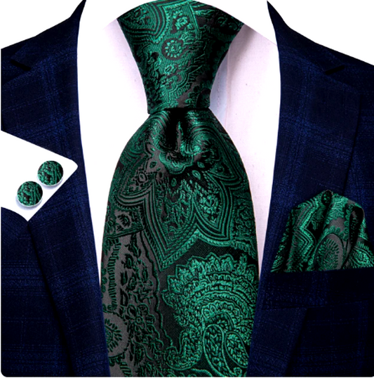 Luxury Forest Green Leaves Silk Tie Set