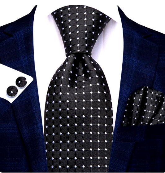 Luxury White Polka Dots In Black Silk Tie Set