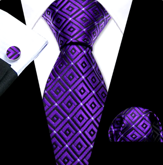 Premium Purple Diamond Shape Silk Tie Set