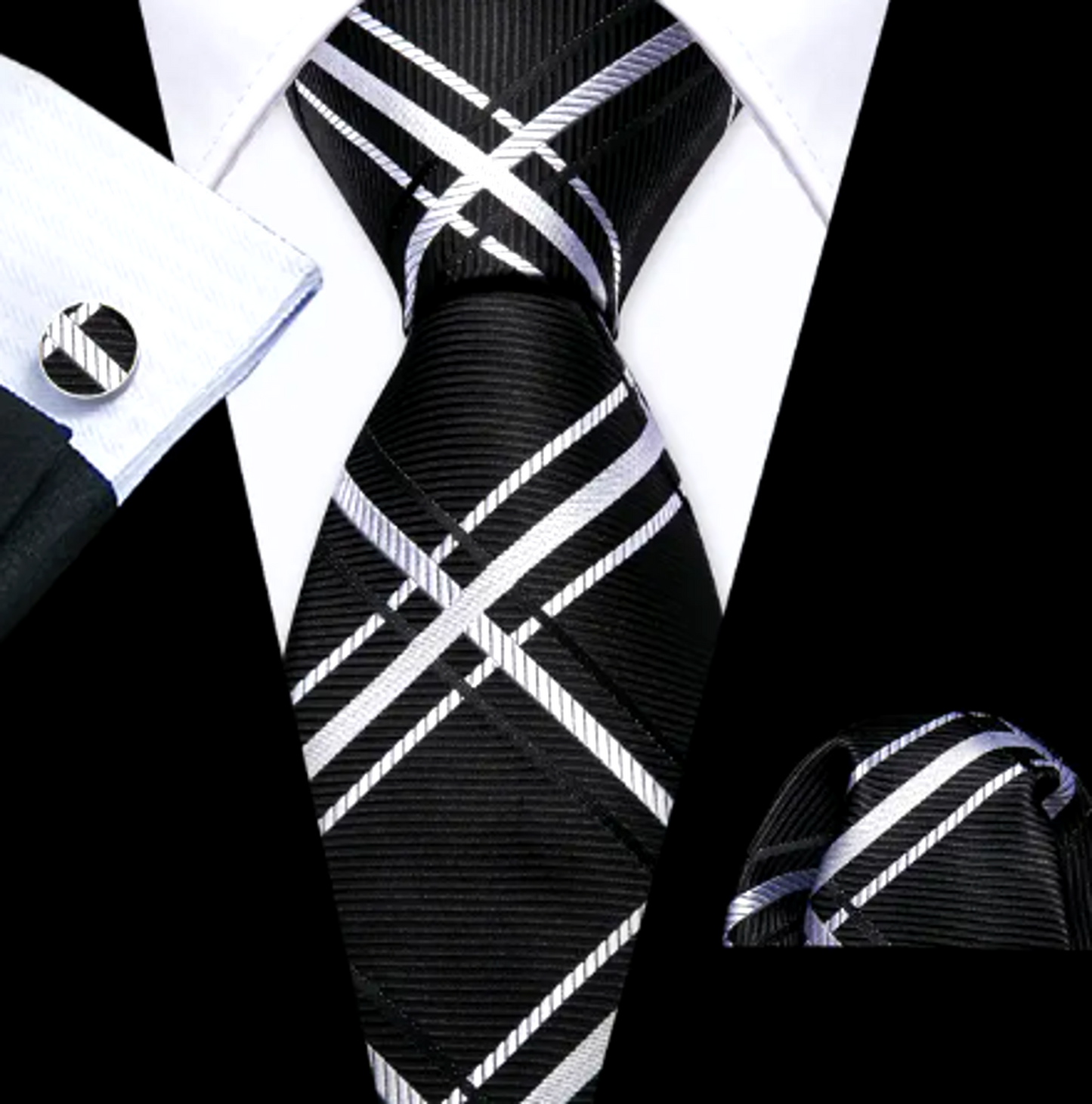 Premium White Plaid In Black Silk Tie Set