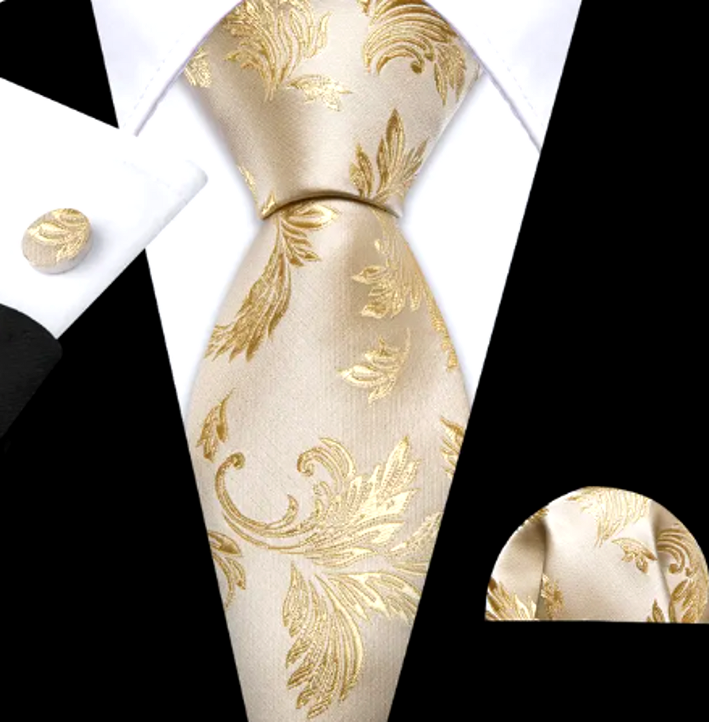 Premium Champagne with Gold Leaves Silk Tie Set