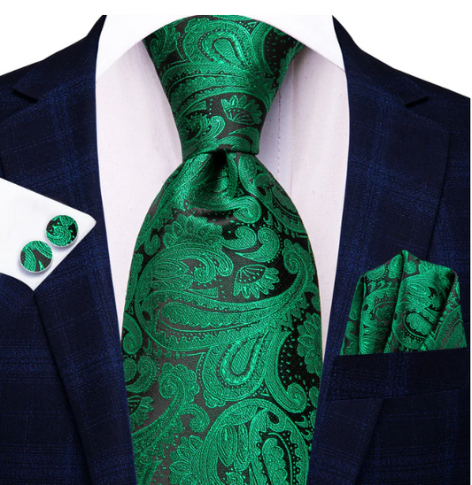 Dark Green Leaves In Black Paisley Silk XL Tie Set