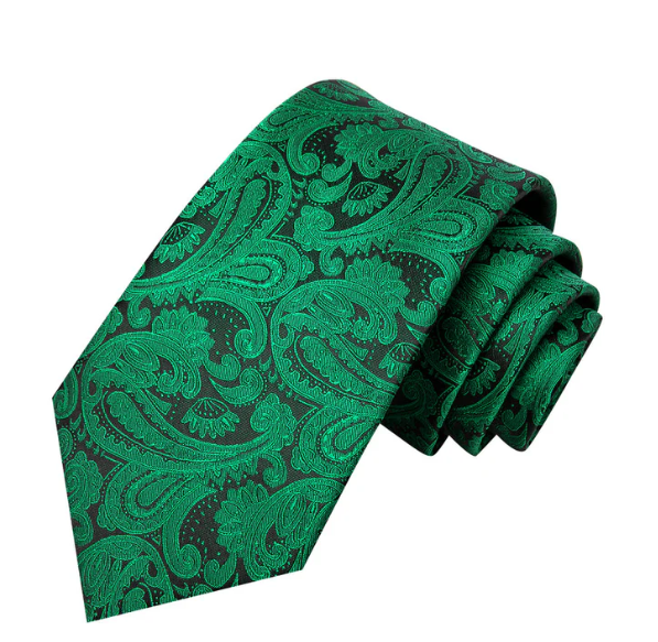 Dark Green Leaves In Black Paisley Silk XL Tie Set