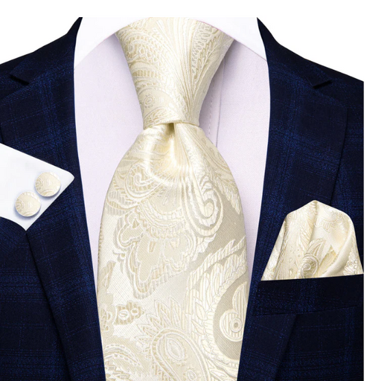 Creamy White Paisley XL Tie Paisley Silk Tie Set