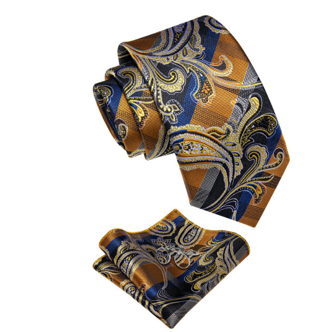 Premium Paisley Silk Tie, Pocket Square and Cufflinks