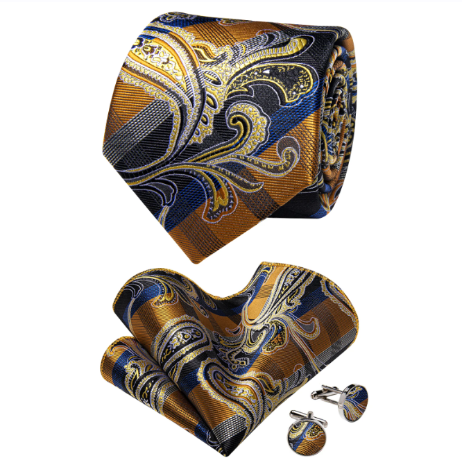 Premium Paisley Silk Tie, Pocket Square and Cufflinks