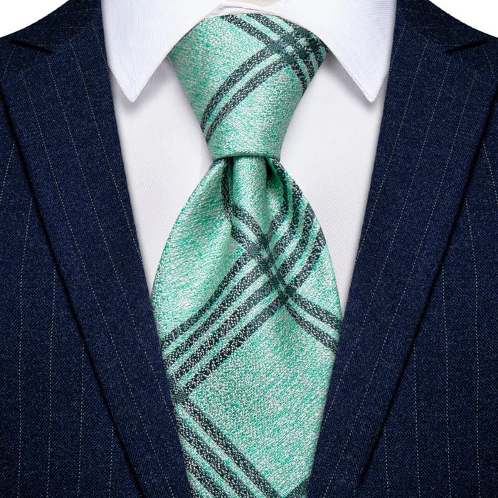 Premium Mint Green Checkered Silk, Tie Pocket and Square Cufflinks - Masculine Clothes