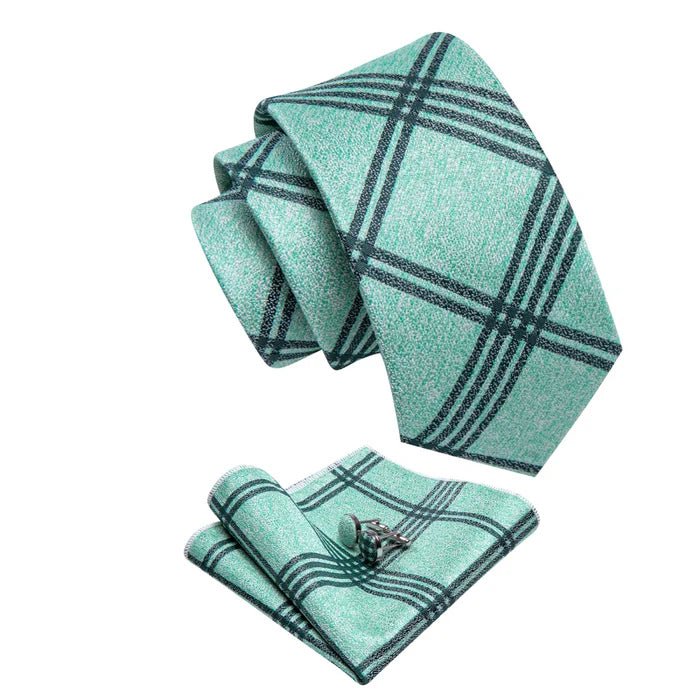 Premium Mint Green Checkered Silk, Tie Pocket and Square Cufflinks - Masculine Clothes