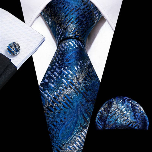 Beautiful Blue Leaves Silk Tie Set