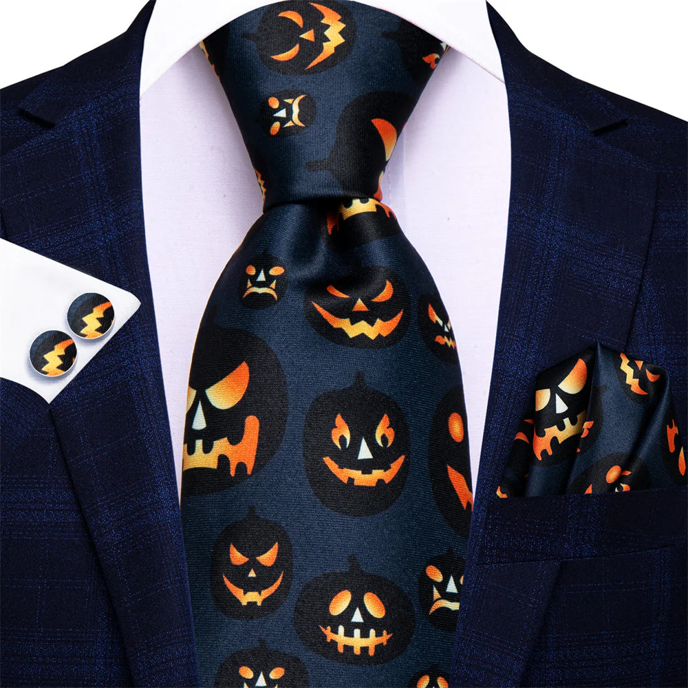 Halloween Tie Set In Black and Orange with Jack -O'- Lantern Design