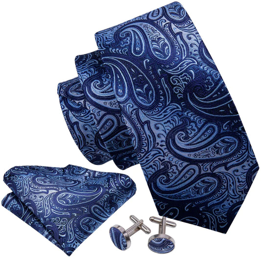 Premium Faded Blue Leaves Silk Tie Set