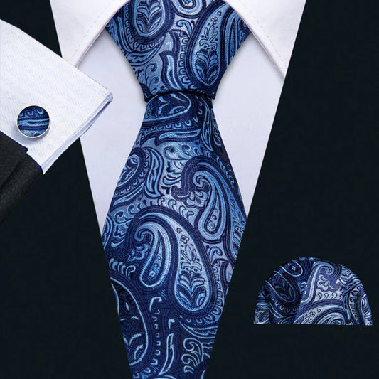 Premium Faded Blue Leaves Silk Tie Set