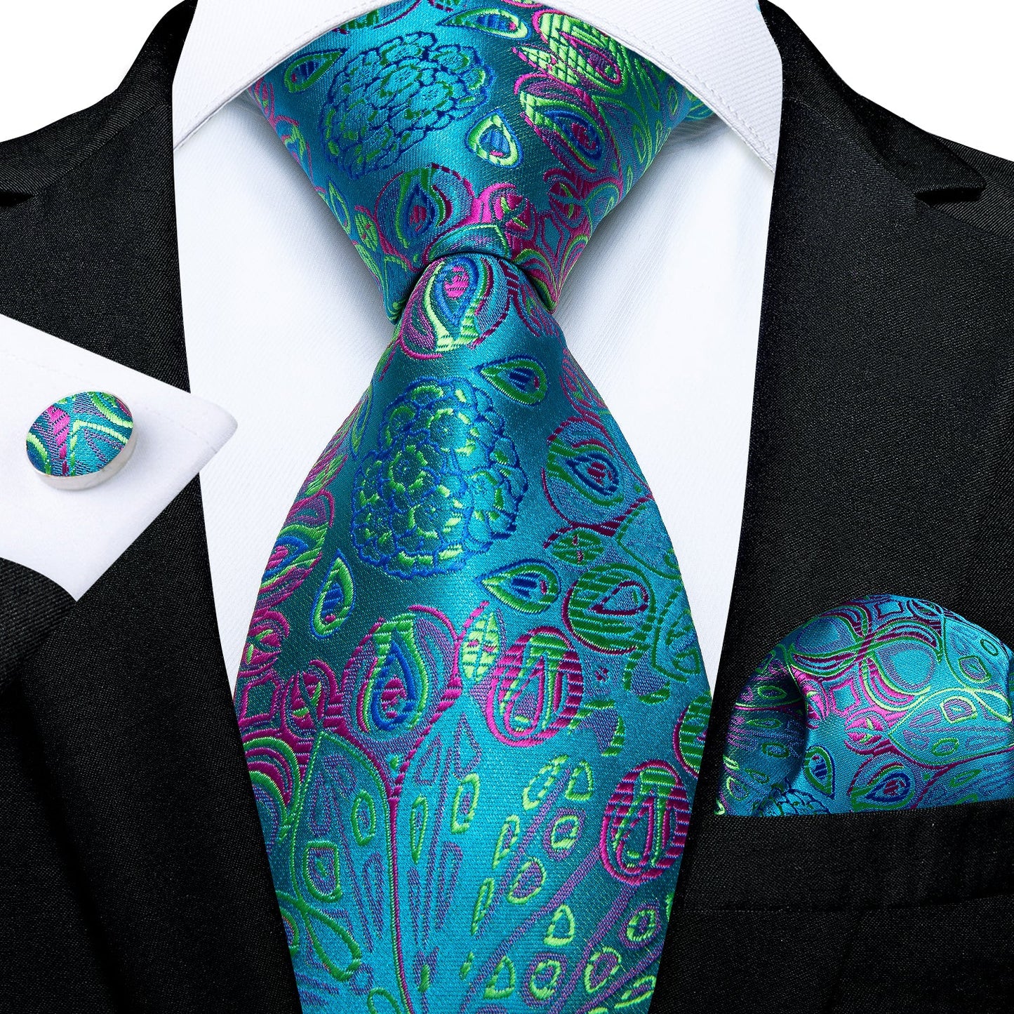 Peacock Tail Silk Tie Pocket Square and Cufflinks