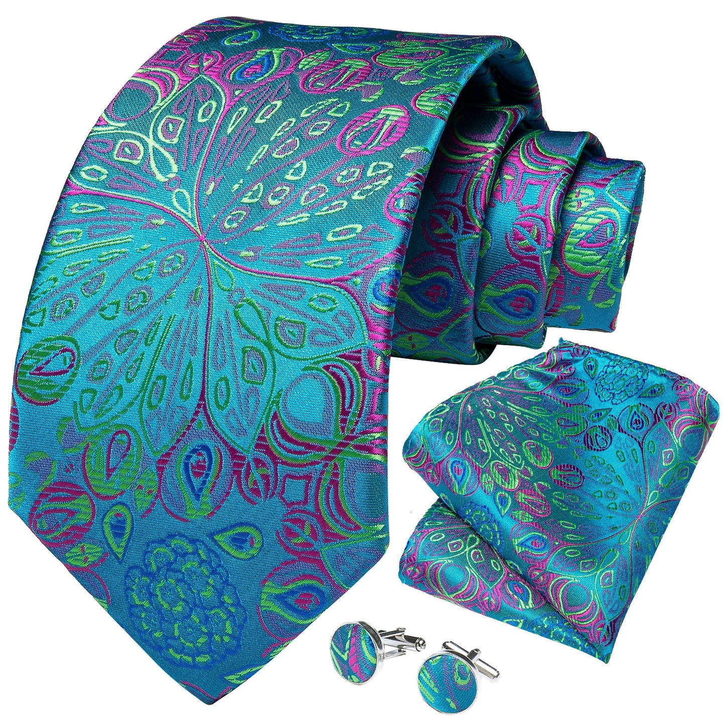 Peacock Tail Silk Tie Pocket Square and Cufflinks